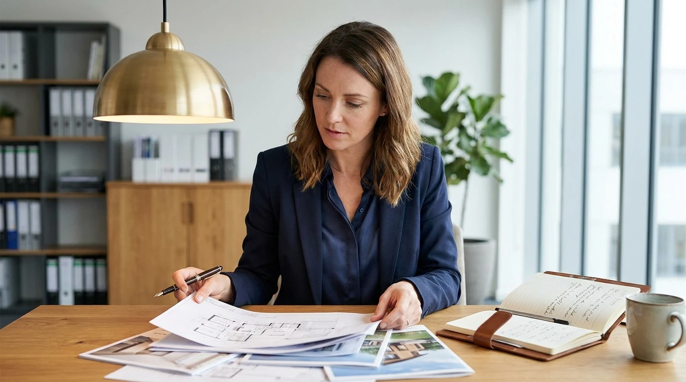 Maklerin sortiert Fragen-Liste